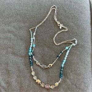 White House Black Market Blue Clear Crystal Silver Tone Necklace 34” Long